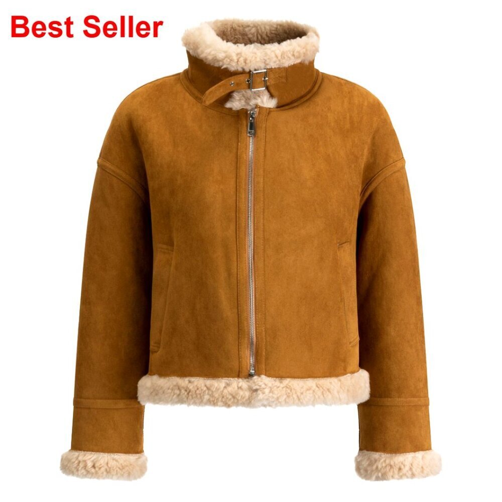 Wool Shearling Bomber Faux Leather Jacket Warm Winter Coat